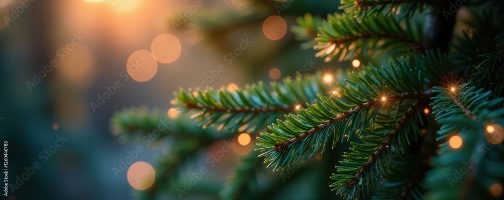 Sparkling lights on evergreen branches, glittering bokeh, lights, background, magic