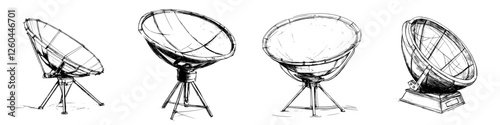 Sketches of satellite dishes showcasing various designs and stand configurations in a creative layout