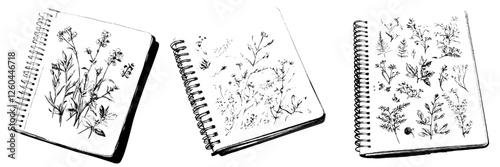 Detailed sketches of botanical illustrations in spiral notebooks showcasing various plant species and floral designs