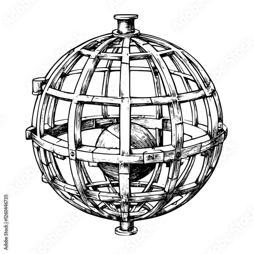 Intricate wooden spherical cage design from the 18th century displaying craftsmanship and artistic detail
