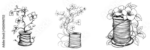Creative floral designs emerging from spools of thread showcasing artistic inspiration in illustration
