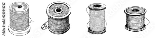 Varieties of sewing thread spools displayed in different orientations and styles showcasing traditional crafting materials