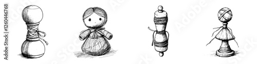 Handcrafted dolls and figurines arranged in a decorative manner showcasing unique styles and textures