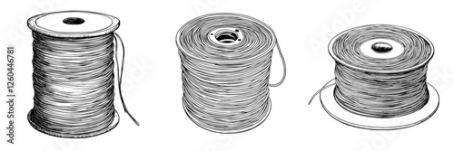 Detailed illustration of three spools of thread arranged in a row showcasing different styles and thicknesses