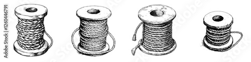 Various traditional spools displaying different types of ropes arranged on a white background in an artistic manner