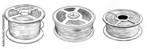 Detailed sketch of three spools of thread arranged side by side showcasing different thread types and winding techniques in a craft setting
