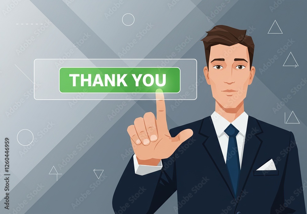 Businessman Activating 'Thank You' Button - Professional Vector Illustration of Man in Suit Pressing Green Digital Button with Text, Corporate Appreciation on Geometric Gray Backdrop. Businessman Activating 'Thank You' Button - Professional Vector Illustration of Man in Suit Pressing Green Digital Button with Text, Corporate Appreciation on Geometric Gray Backdrop.