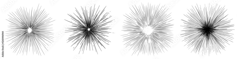 Fototapeta premium Abstract black and white illustrations of starbursts radiating from a central point at various intensities