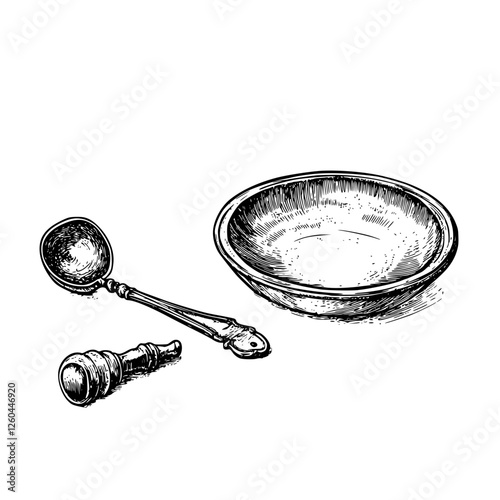 Vintage kitchen utensils including a bowl, ladle, and salt cellar arranged on a flat surface