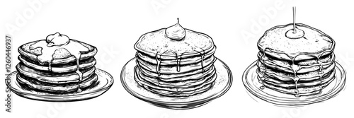 Stacks of delicious pancakes with syrup and toppings ready to enjoy at a breakfast table setting in a cozy kitchen