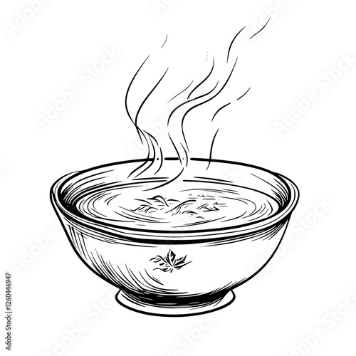 Steaming bowl of soup garnished with herbs resting on a table in a cozy kitchen