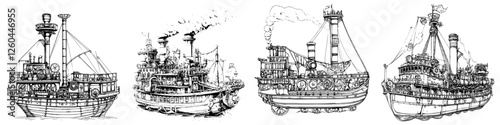 Vintage steamboats illustrated with intricate details showcasing nautical design and engineering from historic river travel