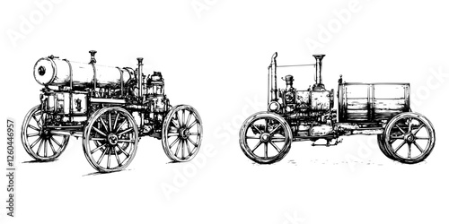 Classic steam engines showcased in detailed black and white line art on a neutral background