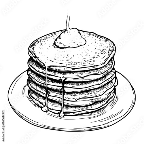 Stack of fluffy pancakes drizzled with syrup, served on a plate, ready for breakfast enjoyment in a cozy kitchen setting