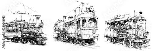 Historic steam locomotives showcasing intricate designs from different eras during a train exposition