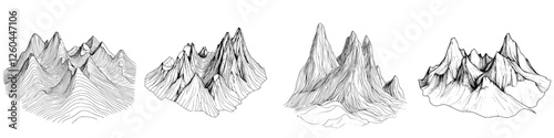 Mountains depicted through intricate sketching techniques highlighting various textures and forms