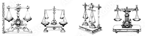 Historical balance scales showcasing various designs from different periods and styles