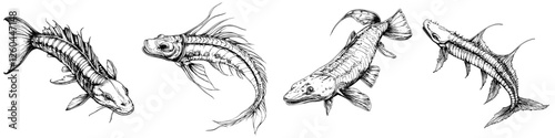 Intricate sketches of various fish species showcasing unique features and details