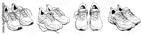 Pair of athletic shoes with laces untied placed in an artistic arrangement in a minimalist style