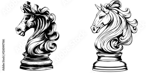 Chess pieces feature unique designs resembling a traditional knight and a mythical unicorn in a contrasting black and white style