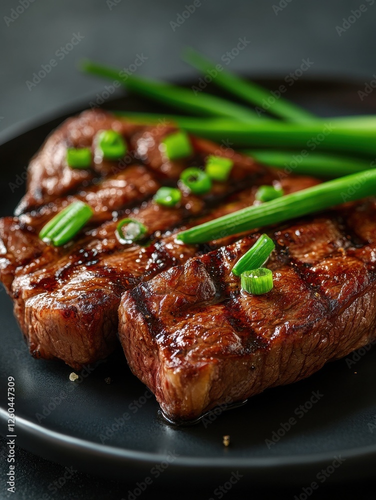 Grilled beef steak with green onions Grilled beef steak with green onions