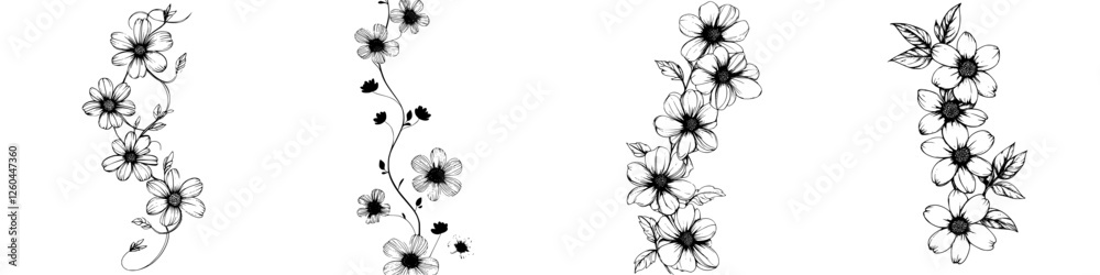 Obraz premium Floral designs displayed in a black and white pattern showcasing various blooming flowers and foliage on a simple background