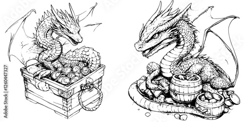 Fantasy dragon guarding treasure in an enchanted forest setting during a bright daytime