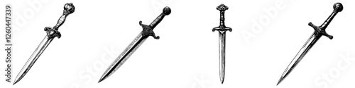 Detailed illustrations of a variety of daggers showcasing different styles and designs from historical contexts
