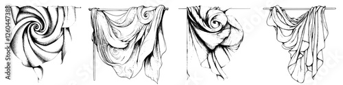 Detailed sketches of swirling fabrics displayed on a horizontal rod conveying artistic design and movement