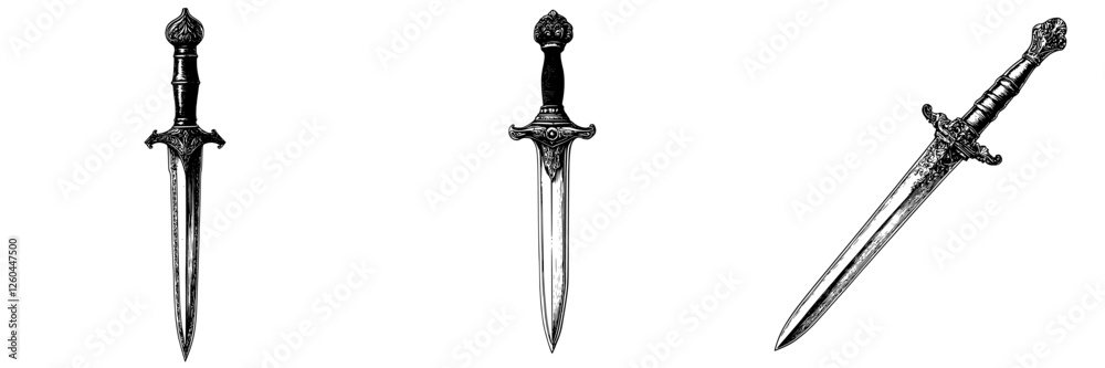 Collection of ornate daggers showcasing intricate designs and craftsmanship from various historical periods