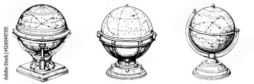 Vintage globes displayed in various styles, showcasing artistry and historical significance during the 19th century