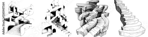 Abstract staircases depicted in black and white showcasing unique architectural designs and formations