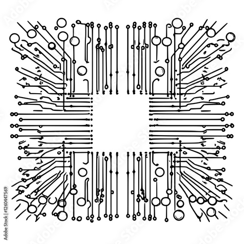 Circuit design showcasing intricate lines and patterns in a symmetrical layout, emphasizing technology and creativity