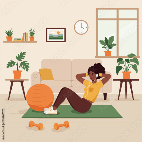 Woman Doing Sit-ups at Home with Fitness Equipment and Plants