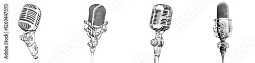 Vintage microphones in different styles showcasing the evolution of audio recording technology over the decades