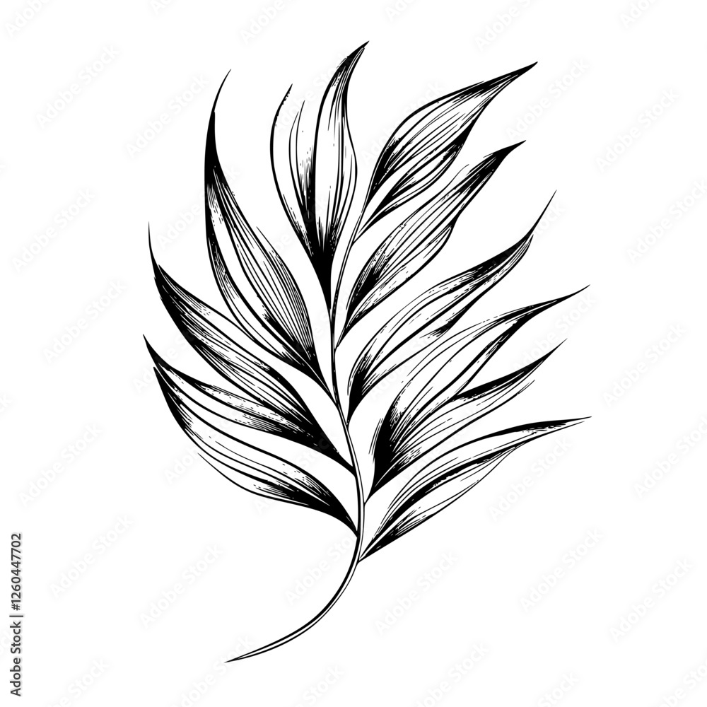 Elegant black and white illustration of a tropical leaf showcasing intricate details and textures Elegant black and white illustration of a tropical leaf showcasing intricate details and textures