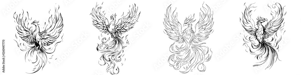 Fototapeta premium Four intricate sketches of phoenixes rising from flames in a stylized artistic representation