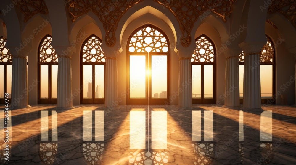 Obraz premium Intricate mosque window design with sunlight streaming through stunning architectural features and beautiful reflections on polished marble floor, Grand Hall of a Gilded Palace