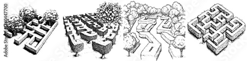 Intricate designs of mazes with various patterns and greenery present in a landscaped park during daylight