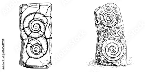 Ancient stones with spiral carvings found in a historic site, showcasing intricate designs and cultural significance
