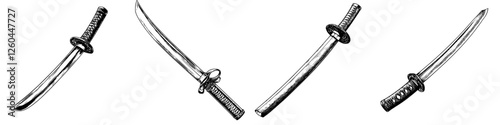 Various katana sword illustrations showcasing different angles and details on a plain background
