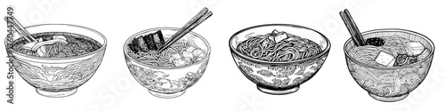 Various bowls of noodles displayed with chopsticks in an artistic style featuring intricate designs