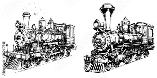 Vintage steam locomotives in side-by-side illustration showcasing classic design and engineering