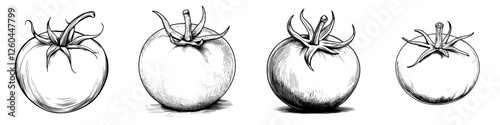 Sketches of ripe tomatoes showcasing different sizes and shapes arranged artistically on a plain background