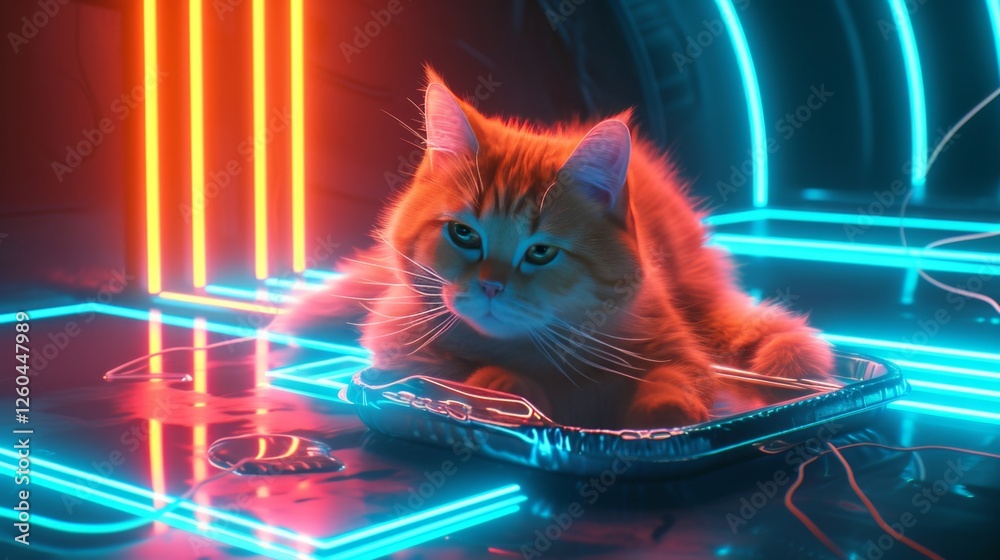 A ginger cat rests in a glowing neon environment filled with vibrant blue and orange lighting, blending relaxation with a futuristic aesthetic. AI generated.