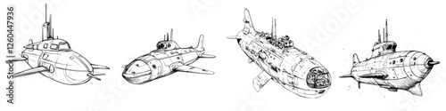 Detailed sketches of various submarine designs showcasing innovative marine technology concepts