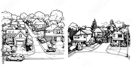 Detailed neighborhood sketch featuring residential homes, trees, and streets in a suburban setting