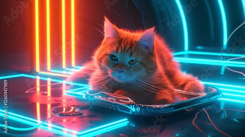 Obraz na płótnie A ginger cat rests in a glowing neon environment filled with vibrant blue and orange lighting, blending relaxation with a futuristic aesthetic. AI generated. w salonie