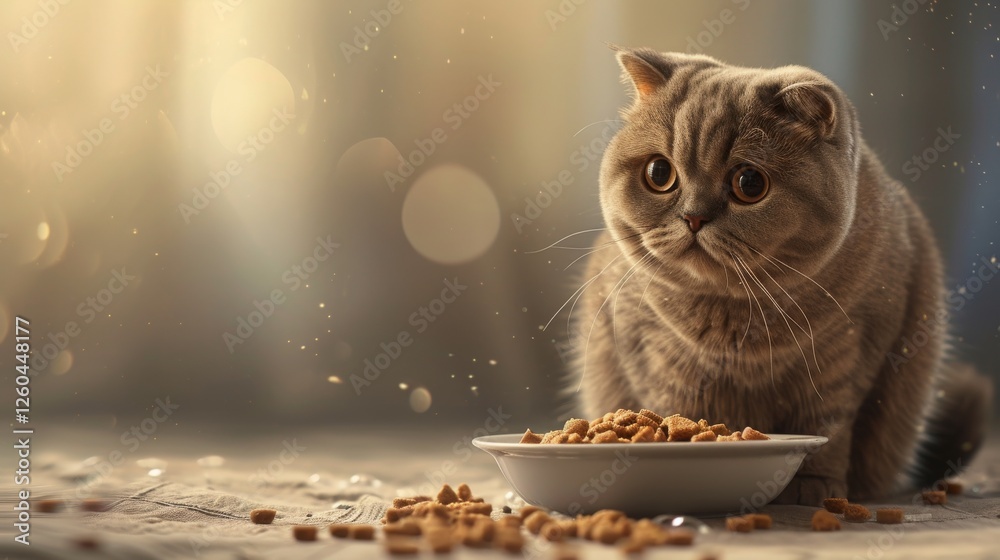 A curious tabby cat sits by a bowl of dry food, bathed in soft warm lighting. Capturing a calm and domestic atmosphere. AI generated.