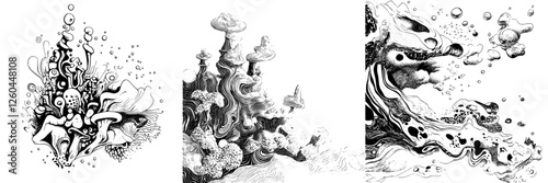 Abstract underwater designs featuring intricate sea life and organic forms in a black and white composition